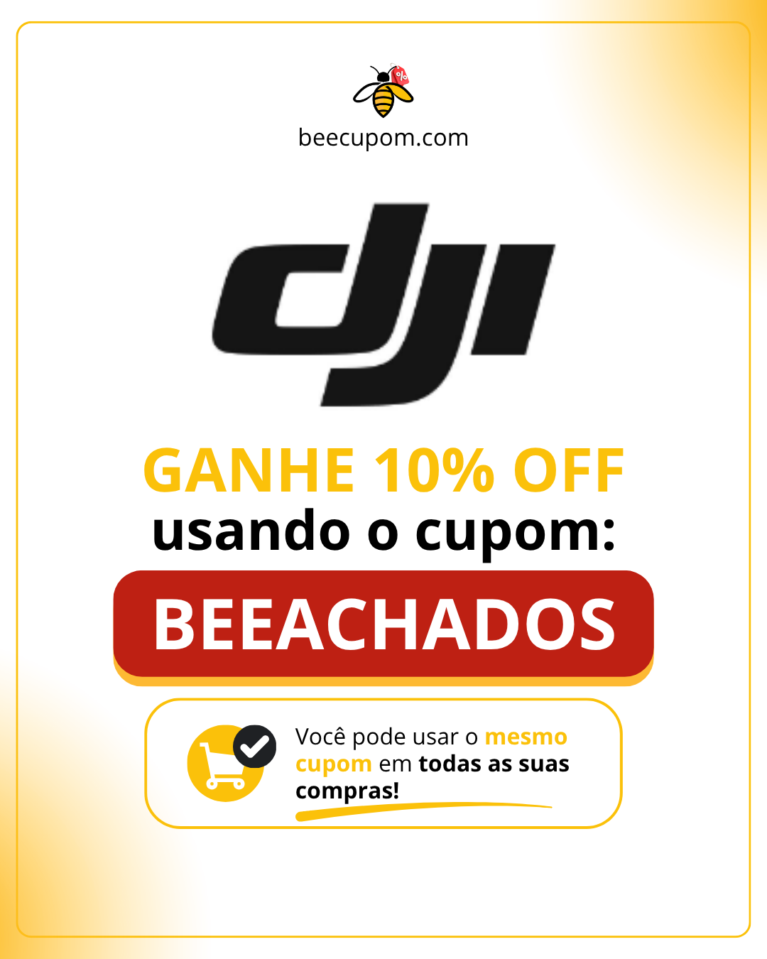 Logotipo da marca DJI em fundo preto destacando ofertas e cupons de desconto