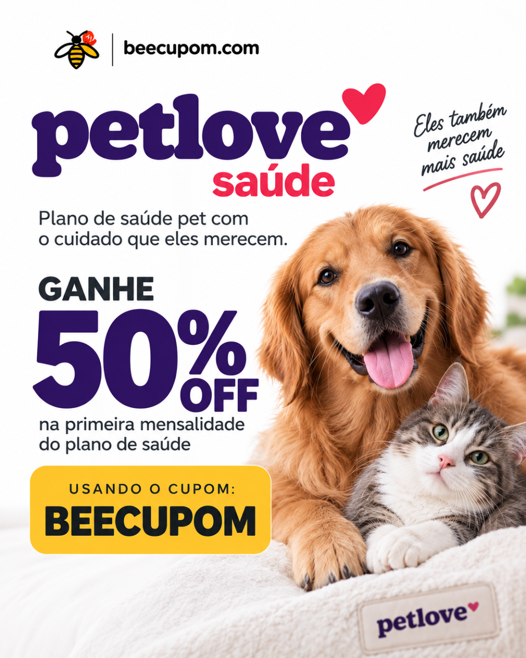 Cupom de desconto Petlove Plano de Saúde com 50% de desconto