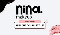 "Banner promocional do cupom de desconto da loja Nina Makeup com fundo decorativo."